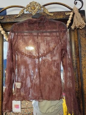 Amazon Women's Sheer Lace Long Sleeve Camisole - Burgundy